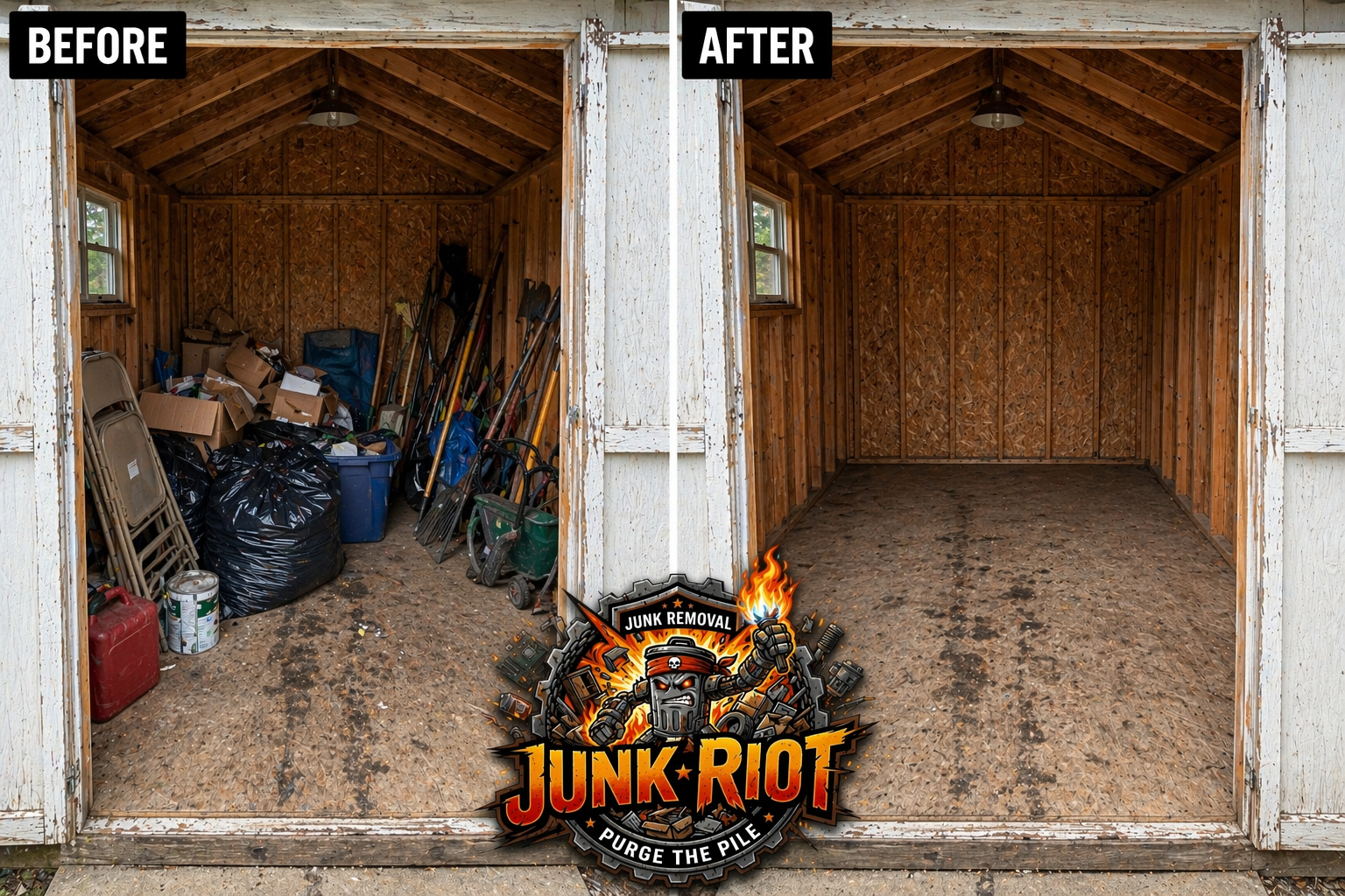 Junk Riot backyard shed cleanout before and after in Russell